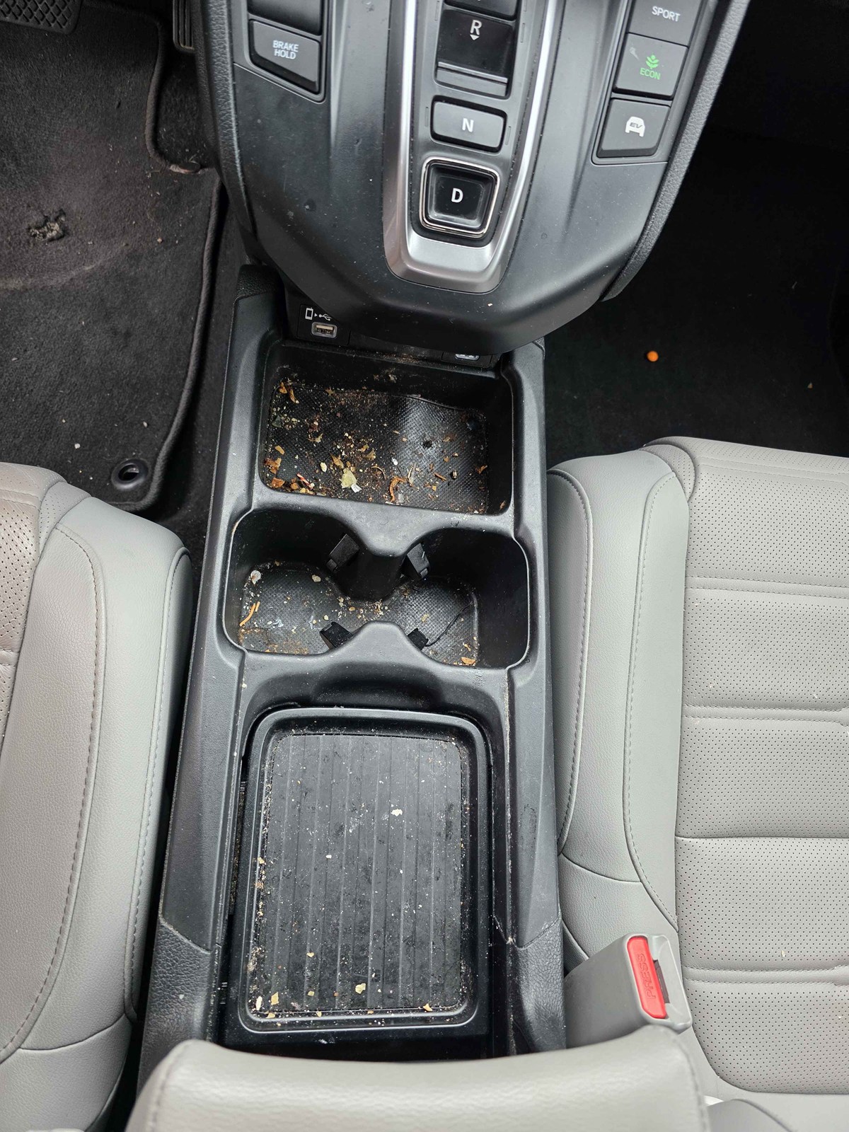 Center console and cupholders before Riverstone Sanitize detail